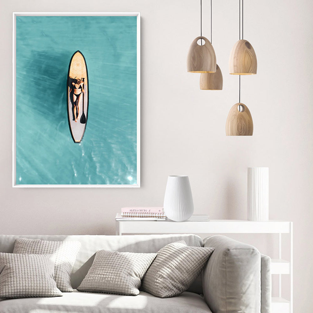 Longboard From Above - Art Print, Poster, Stretched Canvas or Framed Wall Art, shown framed in a room