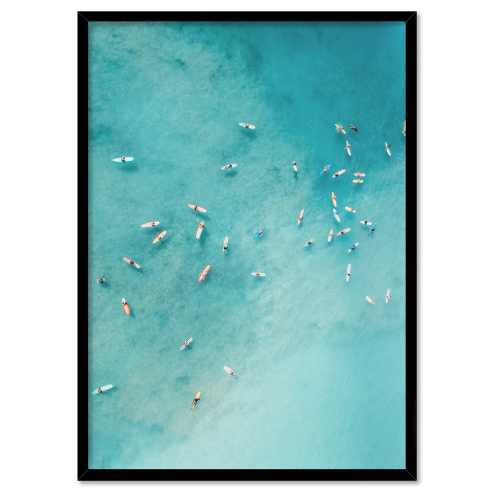 Aerial Ocean Surfers I - Art Print, Poster, Stretched Canvas, or Framed Wall Art Print, shown in a black frame