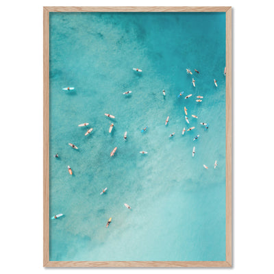 Aerial Ocean Surfers I - Art Print, Poster, Stretched Canvas, or Framed Wall Art Print, shown in a natural timber frame