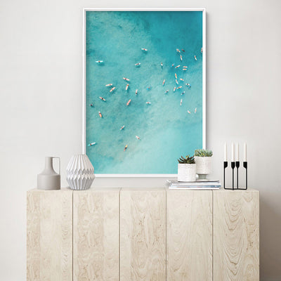 Aerial Ocean Surfers I - Art Print, Poster, Stretched Canvas or Framed Wall Art, shown framed in a room