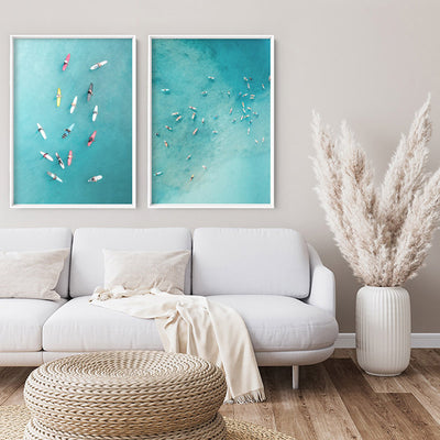 Aerial Ocean Surfers I - Art Print, Poster, Stretched Canvas or Framed Wall Art, shown framed in a home interior space