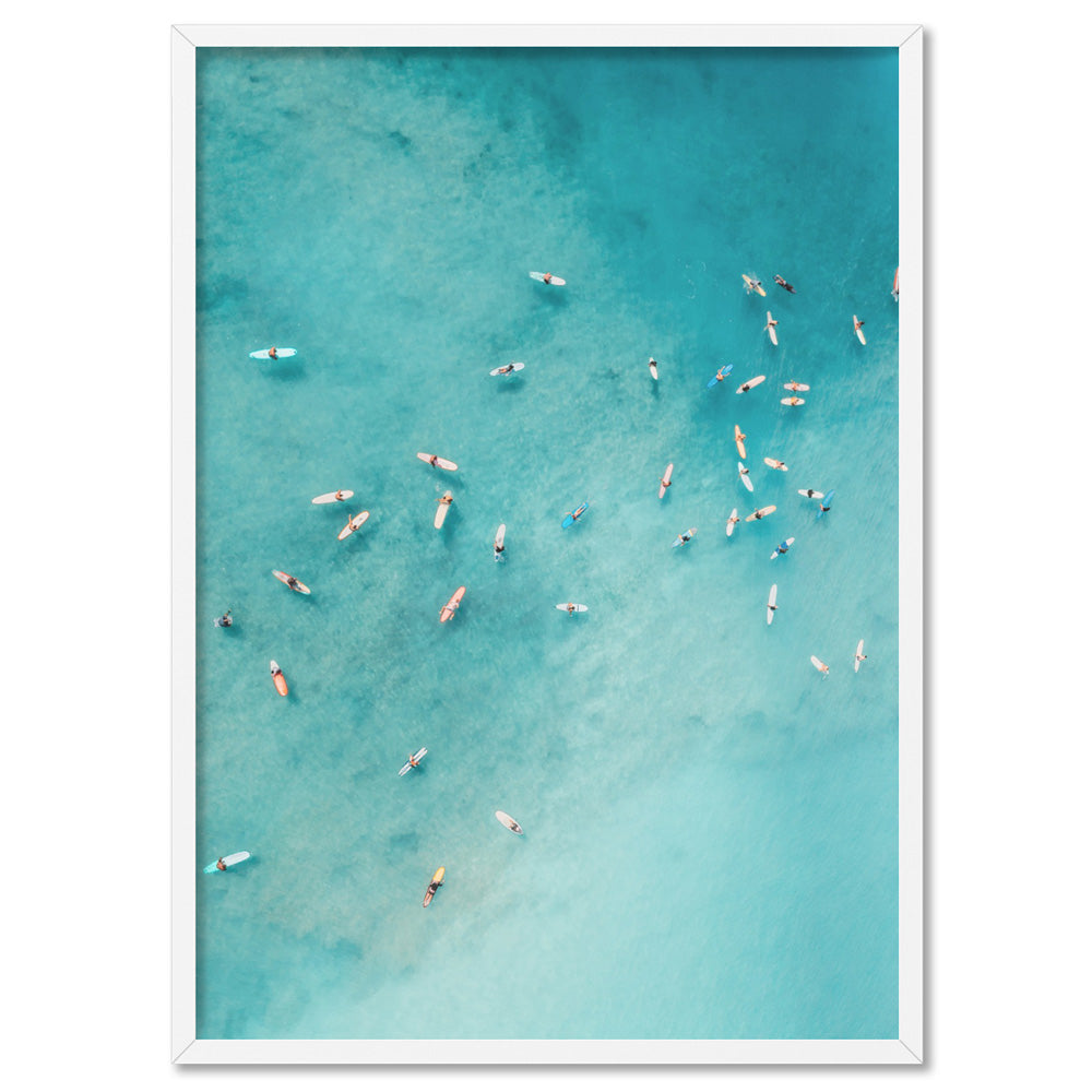 Aerial Ocean Surfers I - Art Print, Poster, Stretched Canvas, or Framed Wall Art Print, shown in a white frame