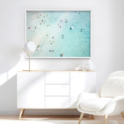 Aerial Summer Beach I - Art Print, Poster, Stretched Canvas or Framed Wall Art, shown framed in a room