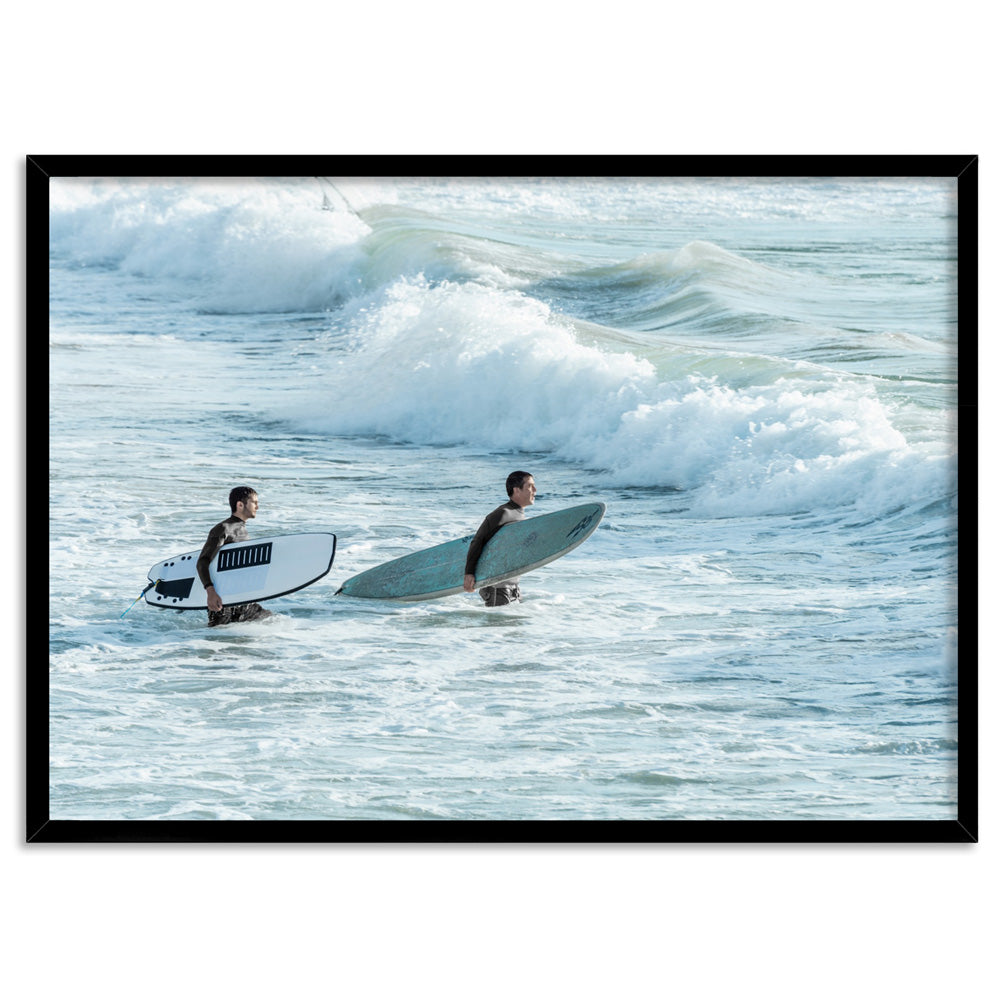 Two Ocean Surfers - Art Print, Poster, Stretched Canvas, or Framed Wall Art Print, shown in a black frame