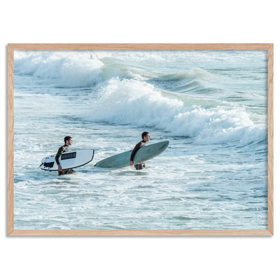 Two Ocean Surfers - Art Print, Poster, Stretched Canvas, or Framed Wall Art Print, shown in a natural timber frame