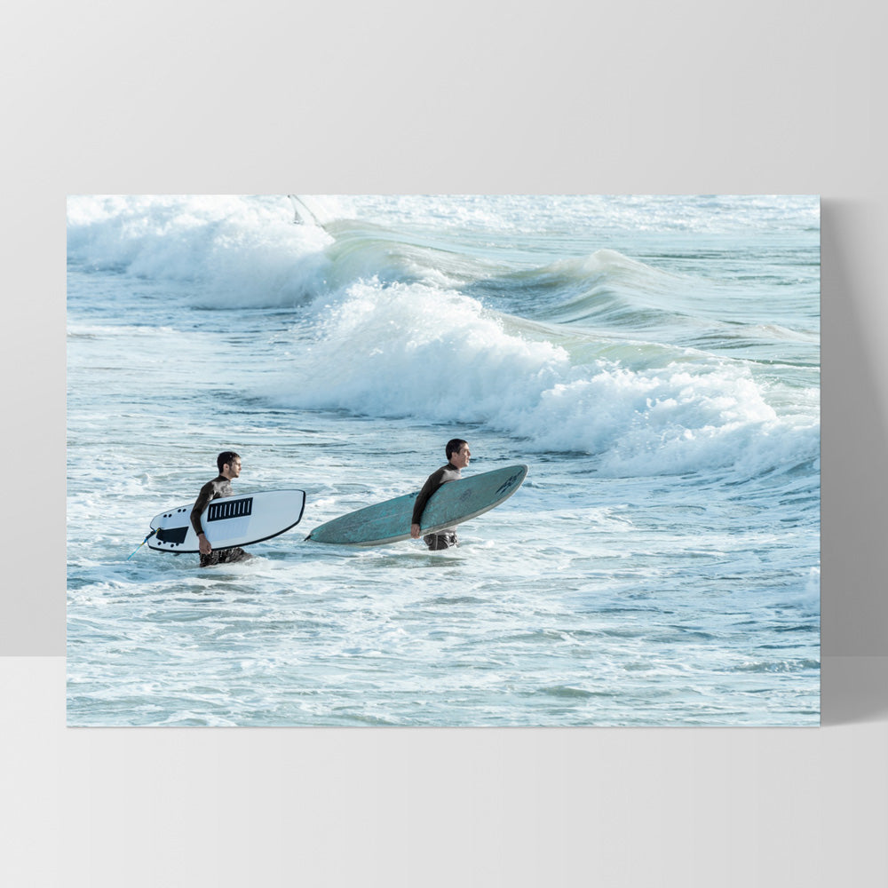 Two Ocean Surfers - Art Print, Poster, Stretched Canvas, or Framed Wall Art Print, shown as a stretched canvas or poster without a frame