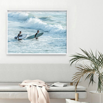 Two Ocean Surfers - Art Print, Poster, Stretched Canvas or Framed Wall Art, shown framed in a room