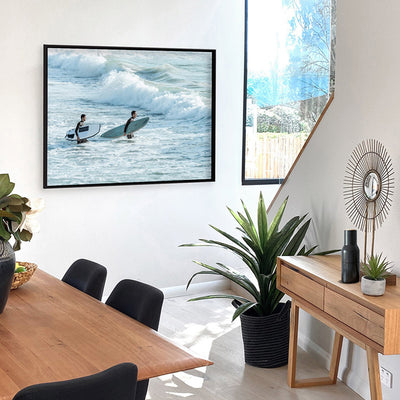 Two Ocean Surfers - Art Print, Poster, Stretched Canvas or Framed Wall Art, shown framed in a home interior space