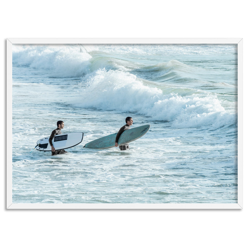 Two Ocean Surfers - Art Print, Poster, Stretched Canvas, or Framed Wall Art Print, shown in a white frame