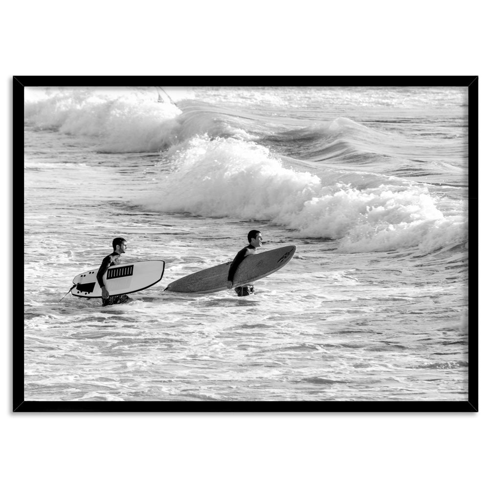 Two Ocean Surfers B&W II - Art Print, Poster, Stretched Canvas, or Framed Wall Art Print, shown in a black frame