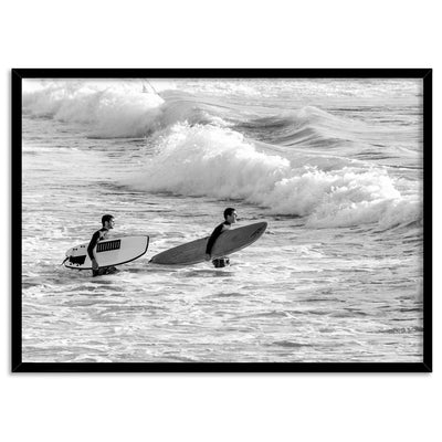 Two Ocean Surfers B&W II - Art Print, Poster, Stretched Canvas, or Framed Wall Art Print, shown in a black frame