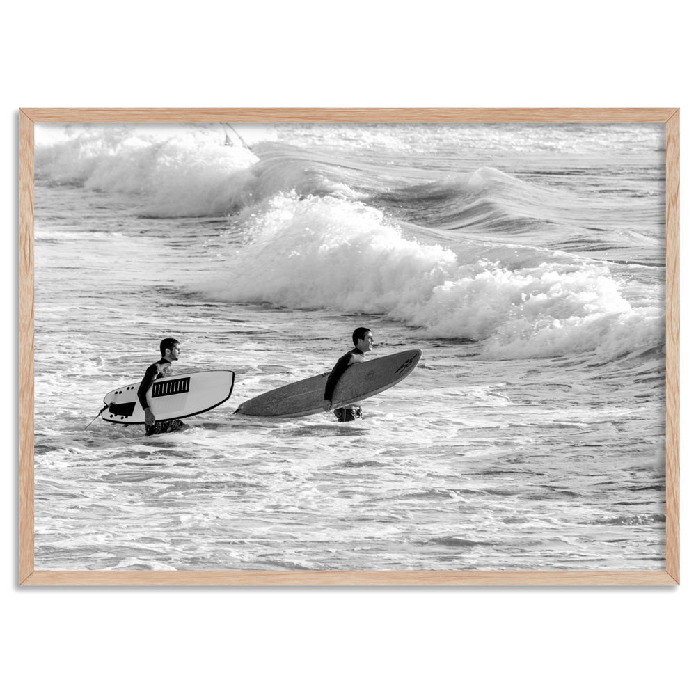 Two Ocean Surfers B&W II - Art Print, Poster, Stretched Canvas, or Framed Wall Art Print, shown in a natural timber frame