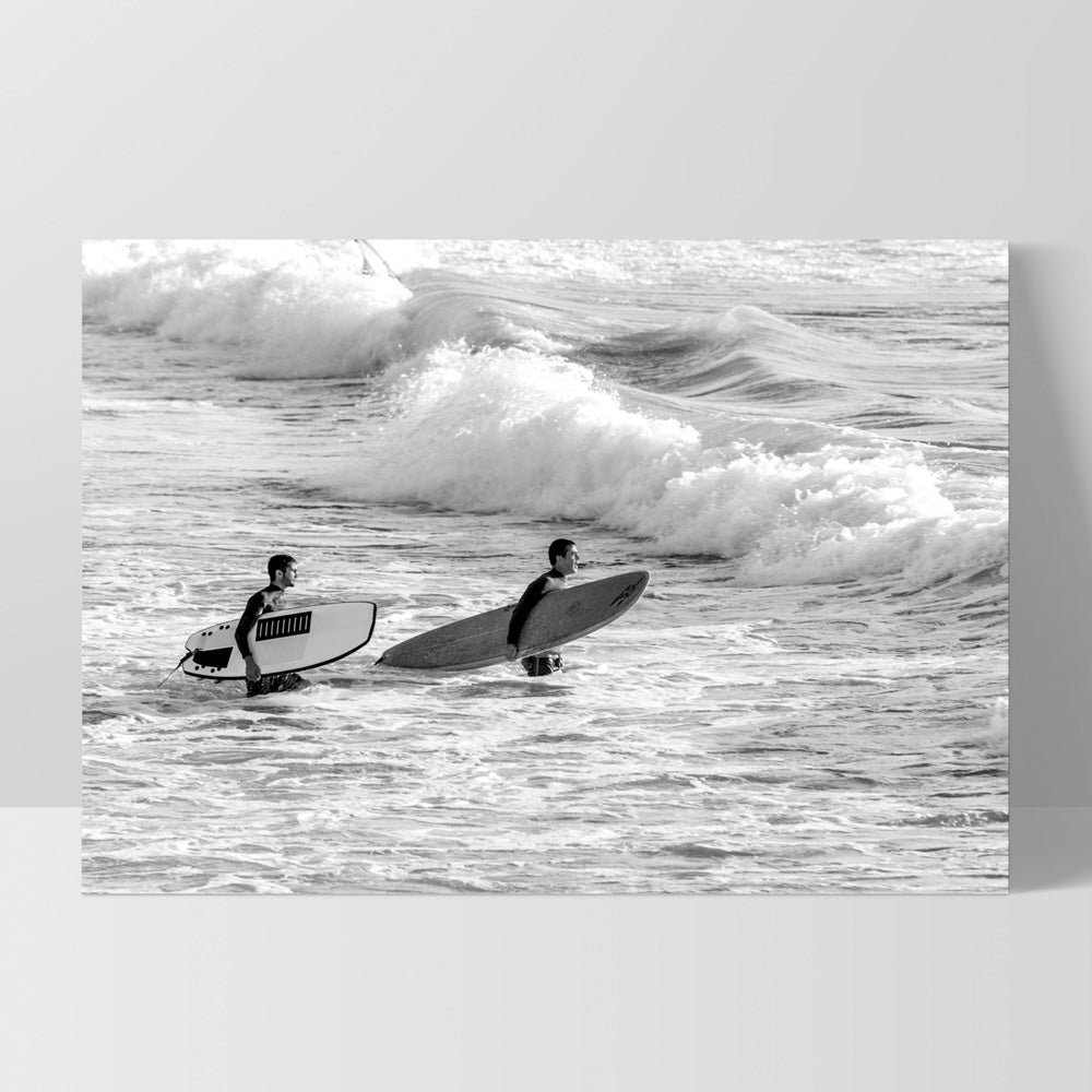 Two Ocean Surfers B&W II - Art Print, Poster, Stretched Canvas, or Framed Wall Art Print, shown as a stretched canvas or poster without a frame