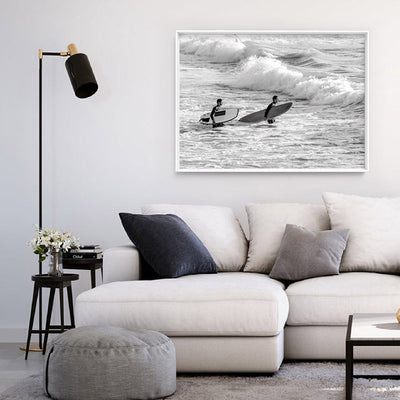 Two Ocean Surfers B&W II - Art Print, Poster, Stretched Canvas or Framed Wall Art, shown framed in a room
