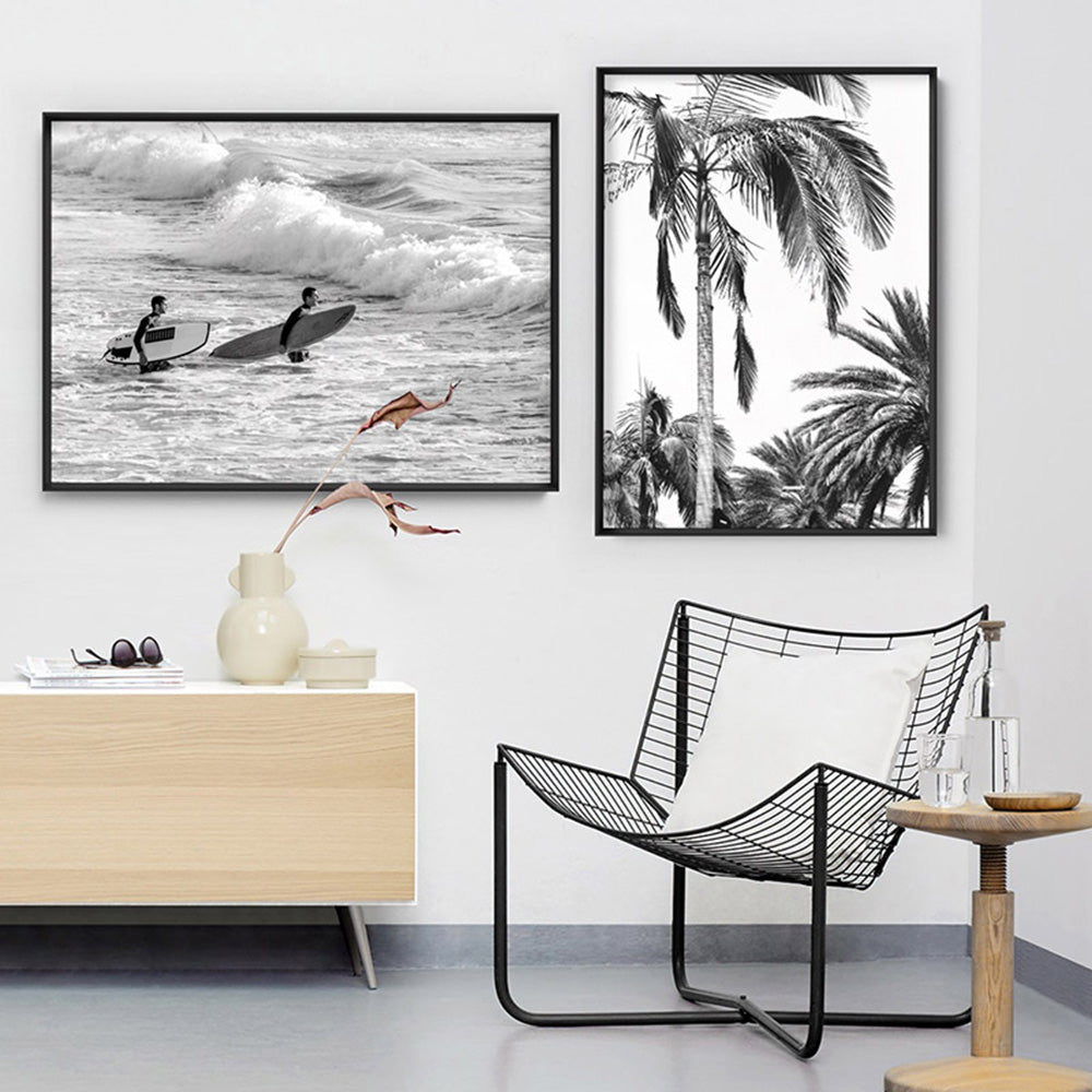 Two Ocean Surfers B&W II - Art Print, Poster, Stretched Canvas or Framed Wall Art, shown framed in a home interior space