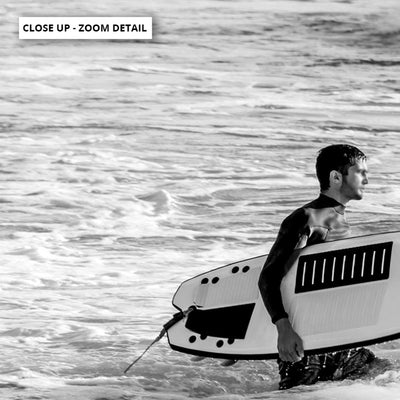 Two Ocean Surfers B&W II - Art Print, Poster, Stretched Canvas or Framed Wall Art, Close up View of Print Resolution