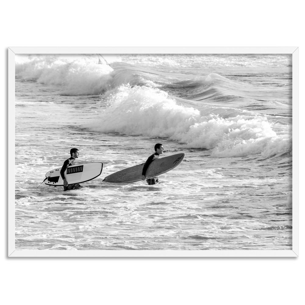 Two Ocean Surfers B&W II - Art Print, Poster, Stretched Canvas, or Framed Wall Art Print, shown in a white frame