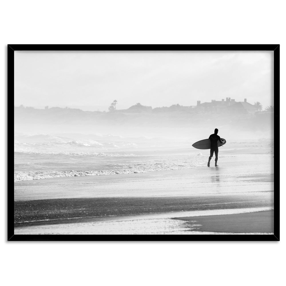 Lone Ocean Surfer B&W I - Art Print, Poster, Stretched Canvas, or Framed Wall Art Print, shown in a black frame