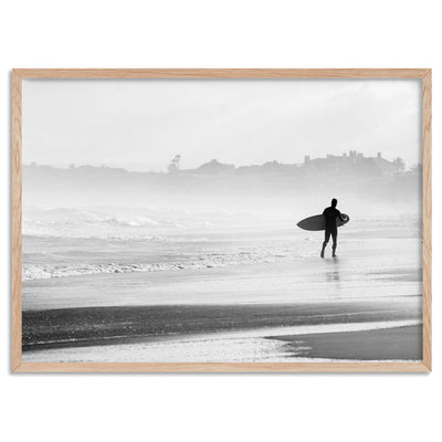 Lone Ocean Surfer B&W I - Art Print, Poster, Stretched Canvas, or Framed Wall Art Print, shown in a natural timber frame