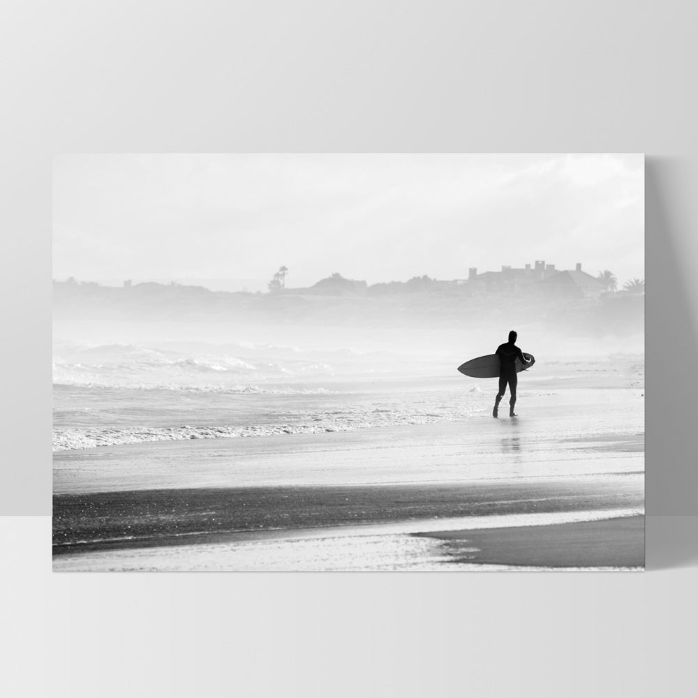 Lone Ocean Surfer B&W I - Art Print, Poster, Stretched Canvas, or Framed Wall Art Print, shown as a stretched canvas or poster without a frame