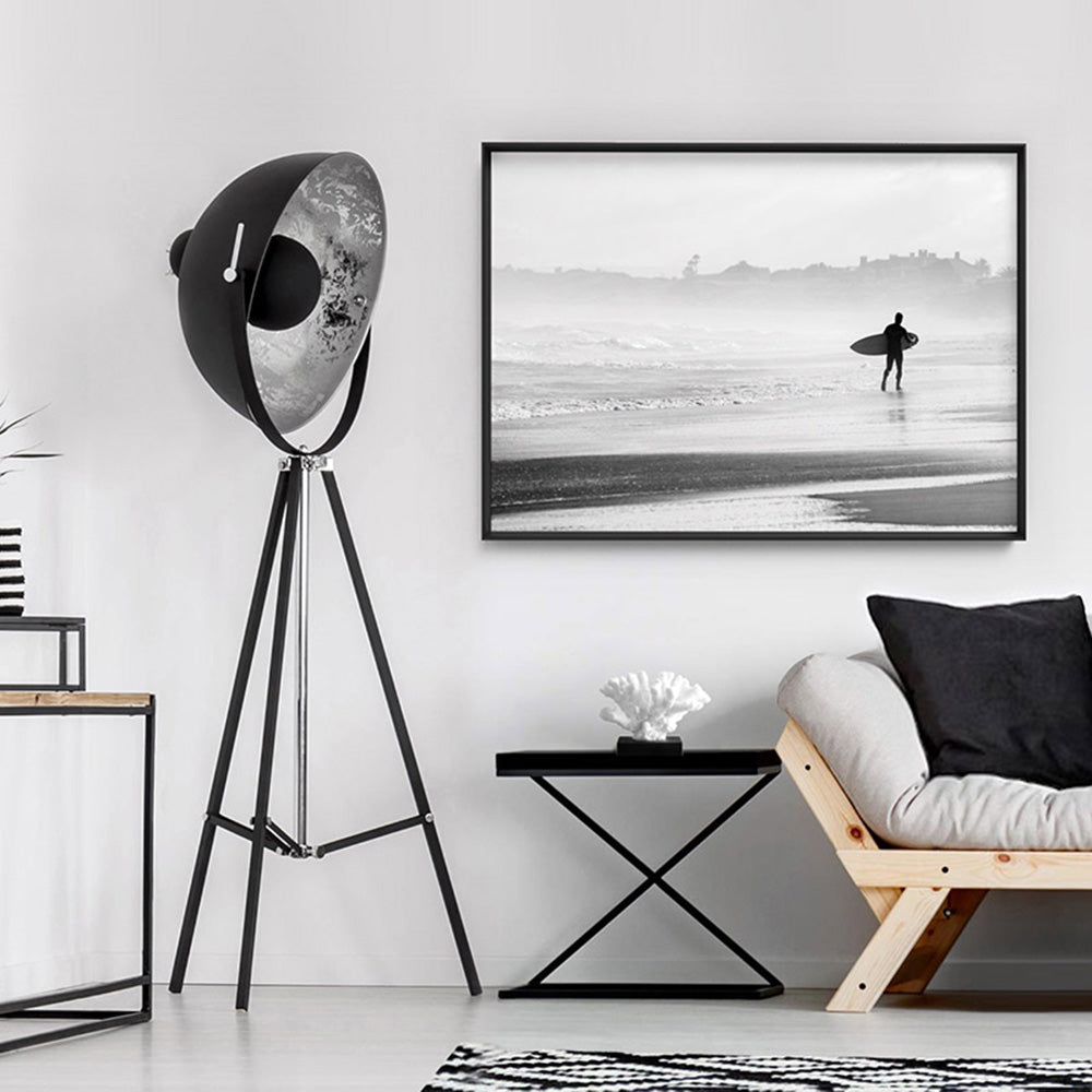 Lone Ocean Surfer B&W I - Art Print, Poster, Stretched Canvas or Framed Wall Art, shown framed in a room