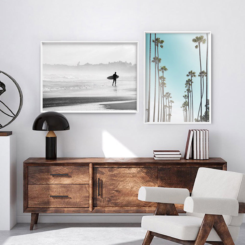 Lone Ocean Surfer B&W I - Art Print, Poster, Stretched Canvas or Framed Wall Art, shown framed in a home interior space
