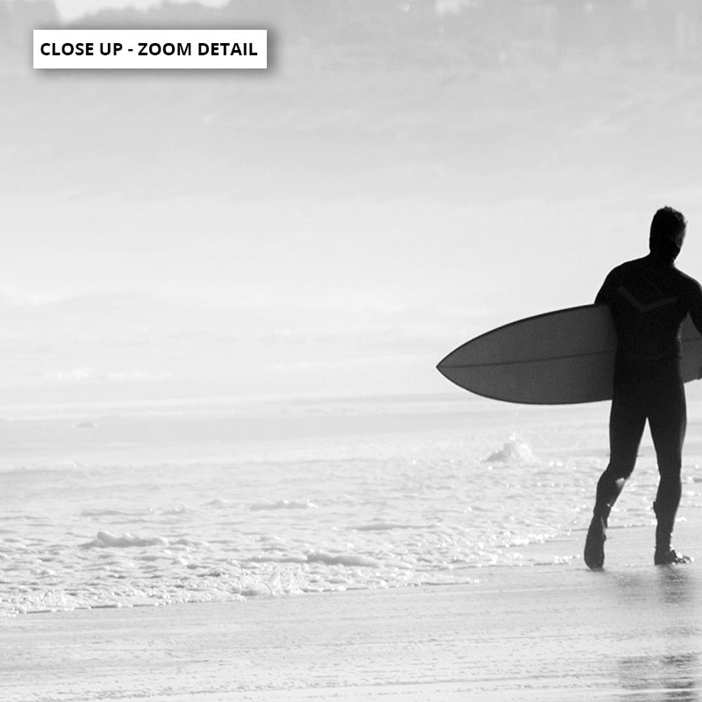 Lone Ocean Surfer B&W I - Art Print, Poster, Stretched Canvas or Framed Wall Art, Close up View of Print Resolution