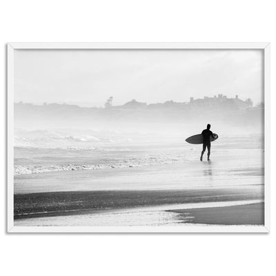 Lone Ocean Surfer B&W I - Art Print, Poster, Stretched Canvas, or Framed Wall Art Print, shown in a white frame