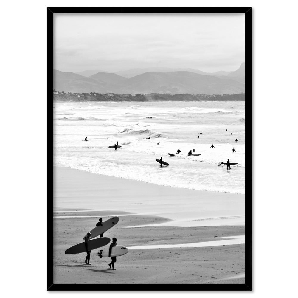 Catching the Surf B&W- Art Print, Poster, Stretched Canvas, or Framed Wall Art Print, shown in a black frame