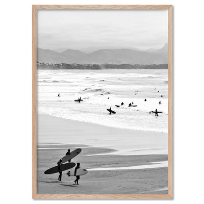 Catching the Surf B&W- Art Print, Poster, Stretched Canvas, or Framed Wall Art Print, shown in a natural timber frame