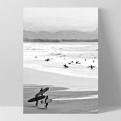 Catching the Surf B&W- Art Print, Poster, Stretched Canvas, or Framed Wall Art Print, shown as a stretched canvas or poster without a frame