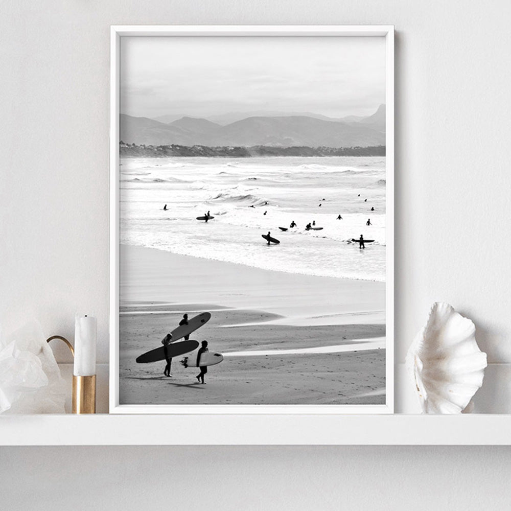 Catching the Surf B&W- Art Print, Poster, Stretched Canvas or Framed Wall Art, shown framed in a room