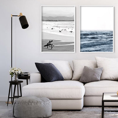 Catching the Surf B&W- Art Print, Poster, Stretched Canvas or Framed Wall Art, shown framed in a home interior space