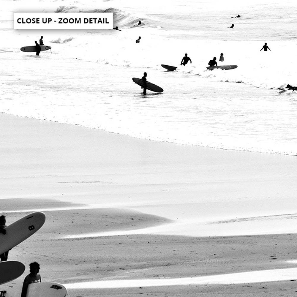 Catching the Surf B&W- Art Print, Poster, Stretched Canvas or Framed Wall Art, Close up View of Print Resolution