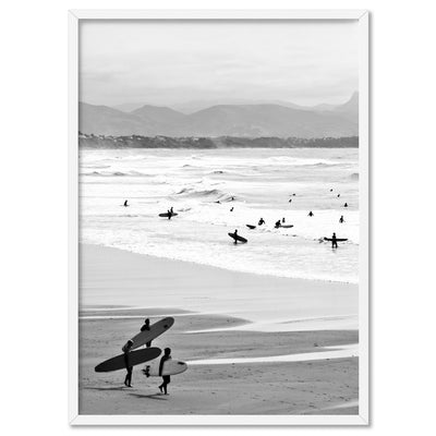 Catching the Surf B&W- Art Print, Poster, Stretched Canvas, or Framed Wall Art Print, shown in a white frame