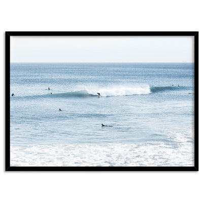 Blue Ocean Surfers - Art Print, Poster, Stretched Canvas, or Framed Wall Art Print, shown in a black frame