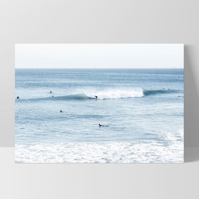 Blue Ocean Surfers - Art Print, Poster, Stretched Canvas, or Framed Wall Art Print, shown as a stretched canvas or poster without a frame