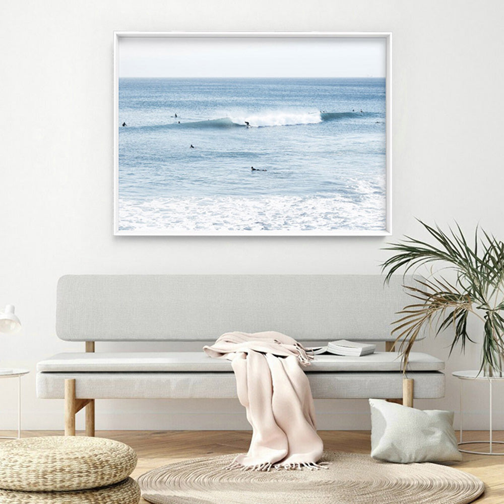 Blue Ocean Surfers - Art Print, Poster, Stretched Canvas or Framed Wall Art, shown framed in a room