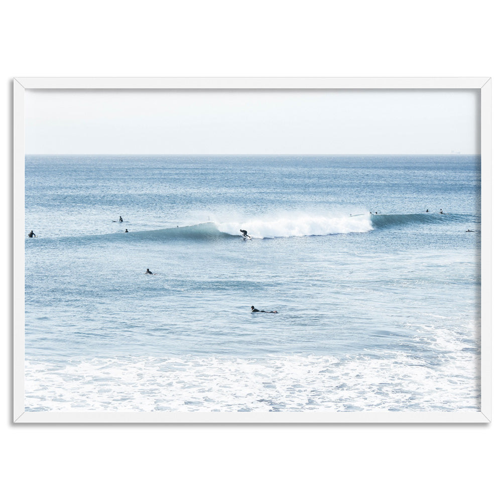 Blue Ocean Surfers - Art Print, Poster, Stretched Canvas, or Framed Wall Art Print, shown in a white frame