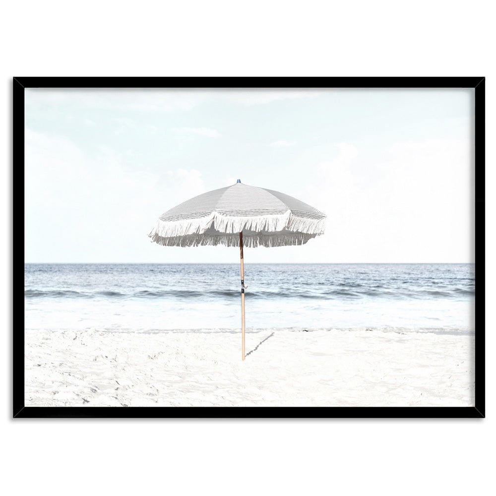 Parasol Beach View - Art Print, Poster, Stretched Canvas, or Framed Wall Art Print, shown in a black frame