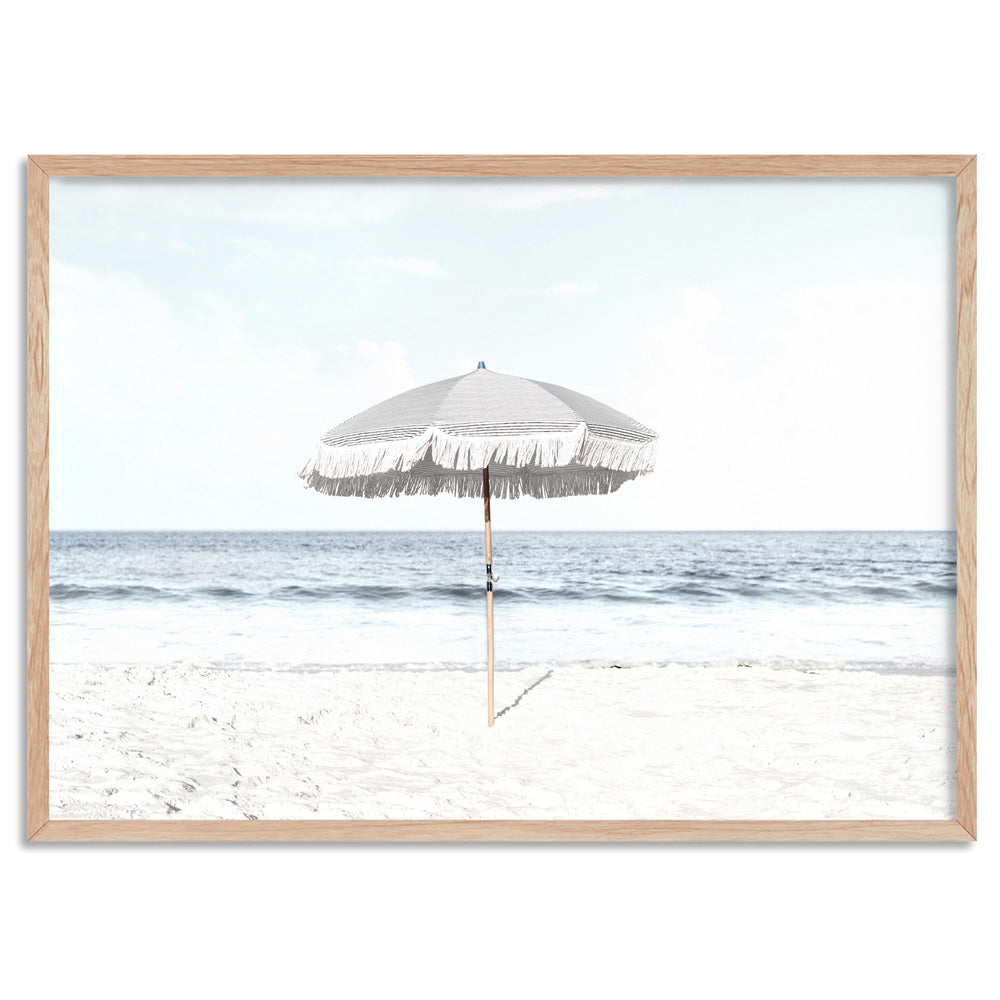 Parasol Beach View - Art Print, Poster, Stretched Canvas, or Framed Wall Art Print, shown in a natural timber frame