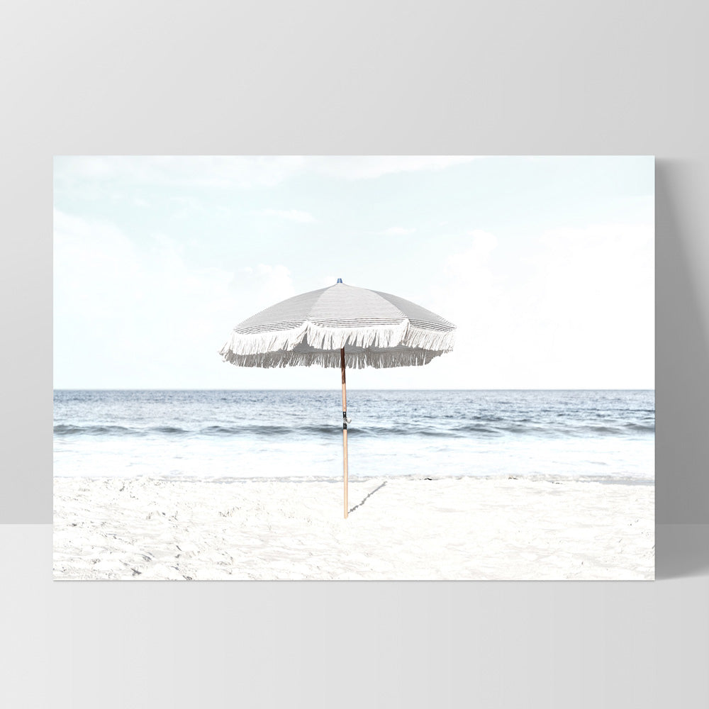 Parasol Beach View - Art Print, Poster, Stretched Canvas, or Framed Wall Art Print, shown as a stretched canvas or poster without a frame