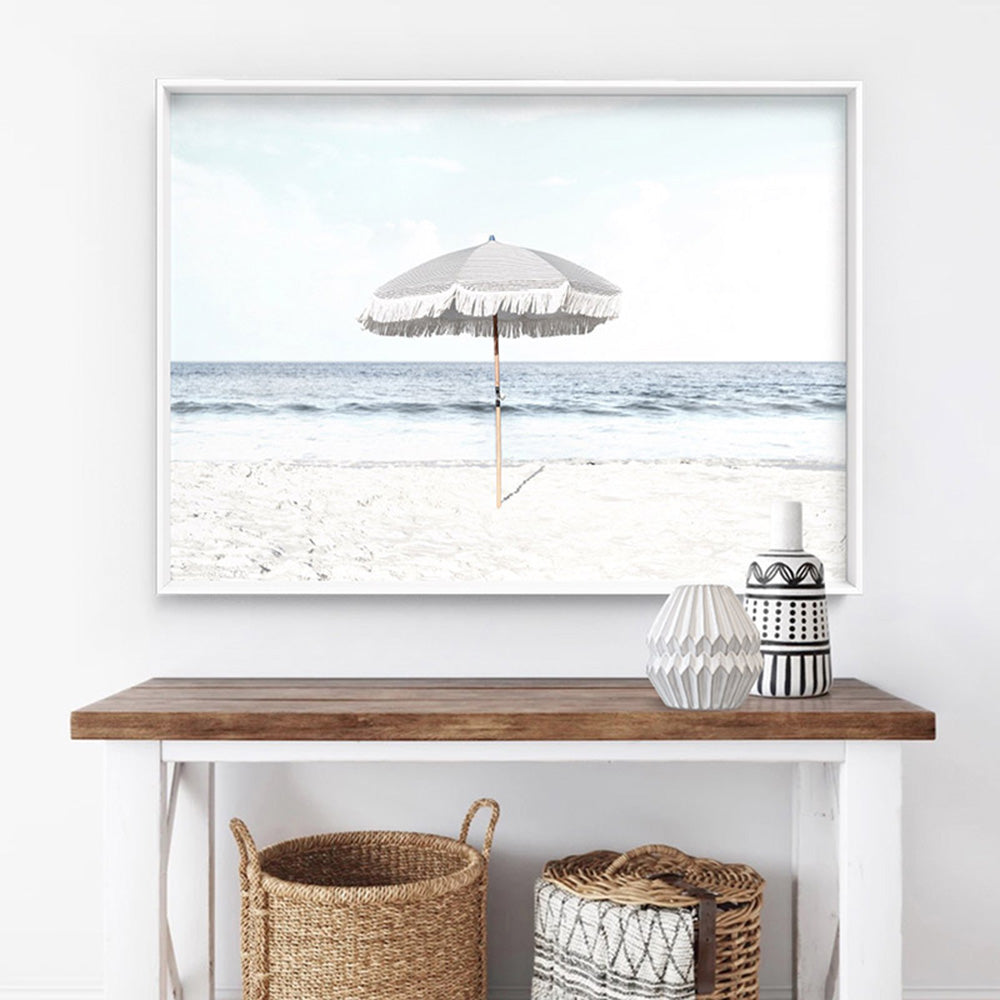 Parasol Beach View - Art Print, Poster, Stretched Canvas or Framed Wall Art, shown framed in a room