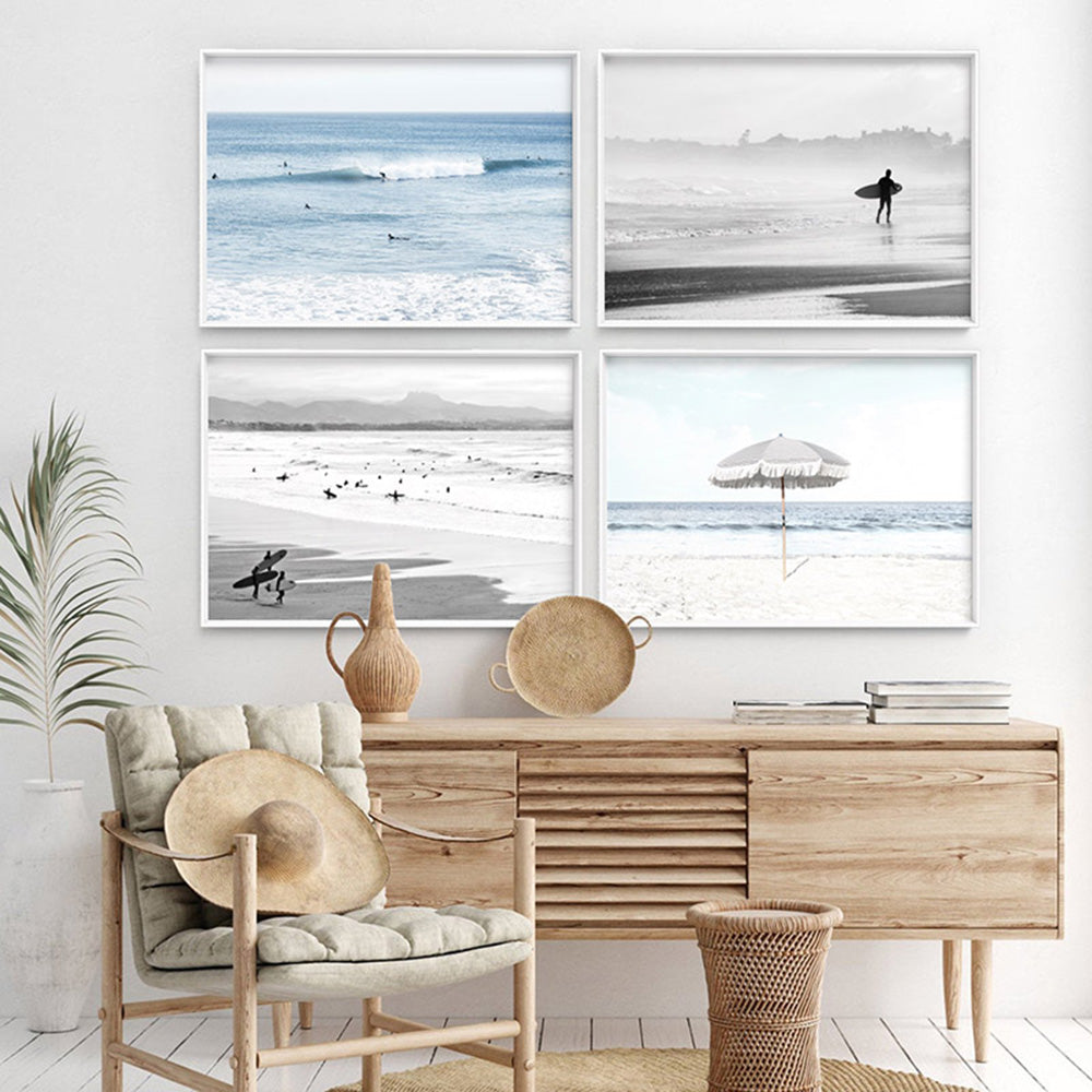 Parasol Beach View - Art Print, Poster, Stretched Canvas or Framed Wall Art, shown framed in a home interior space