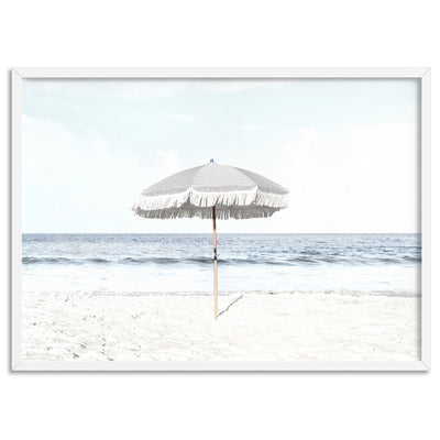 Parasol Beach View - Art Print, Poster, Stretched Canvas, or Framed Wall Art Print, shown in a white frame