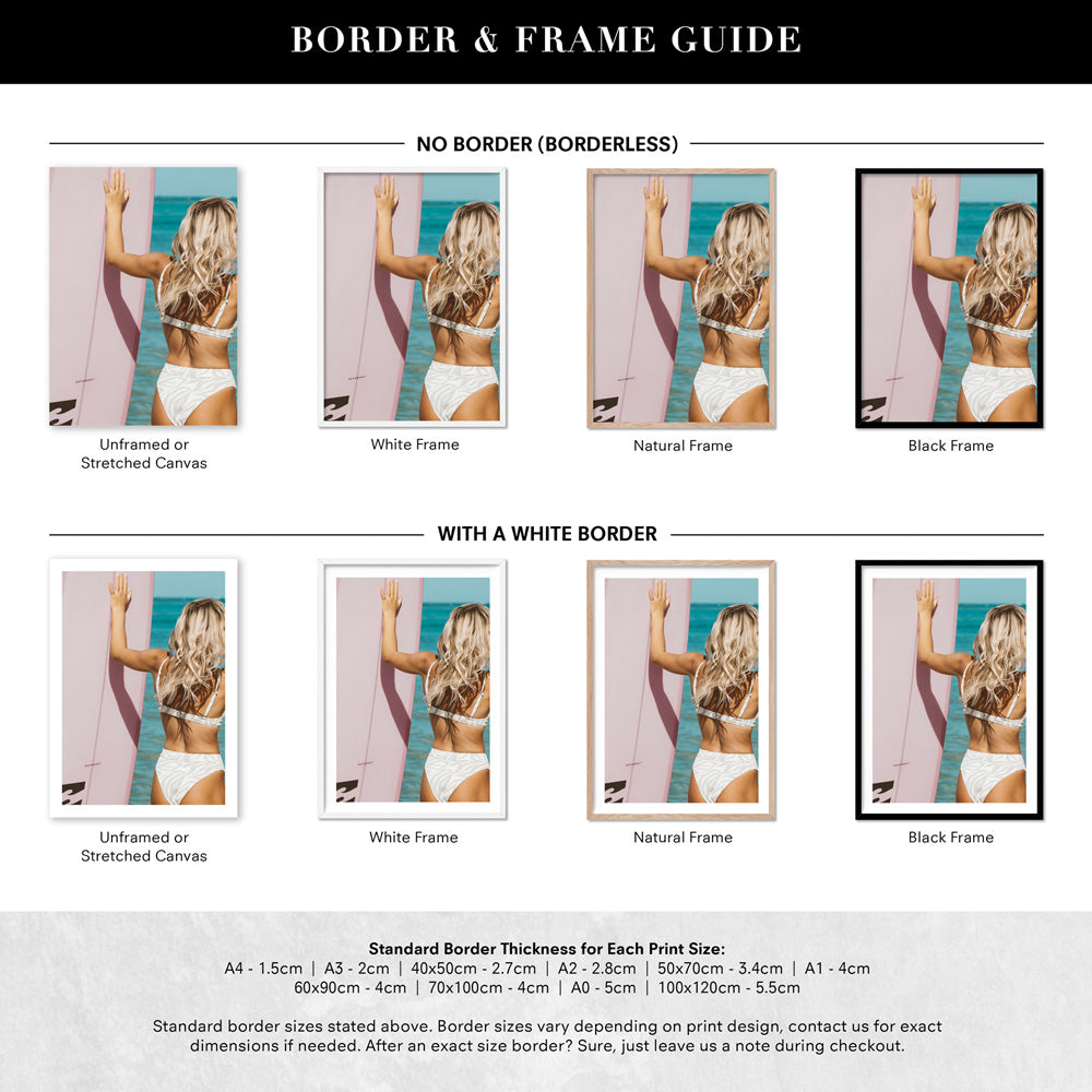 Surfer Girl Pose - Art Print, Poster, Stretched Canvas or Framed Wall Art, Showing White , Black, Natural Frame Colours, No Frame (Unframed) or Stretched Canvas, and With or Without White Borders