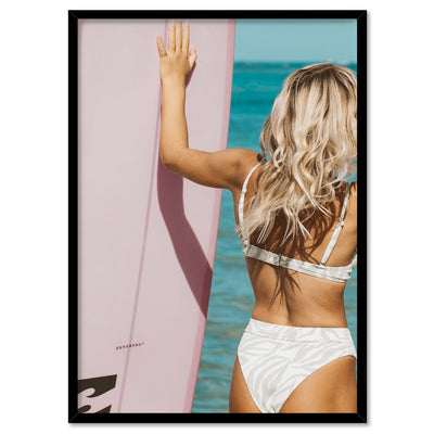 Surfer Girl Pose - Art Print, Poster, Stretched Canvas, or Framed Wall Art Print, shown in a black frame