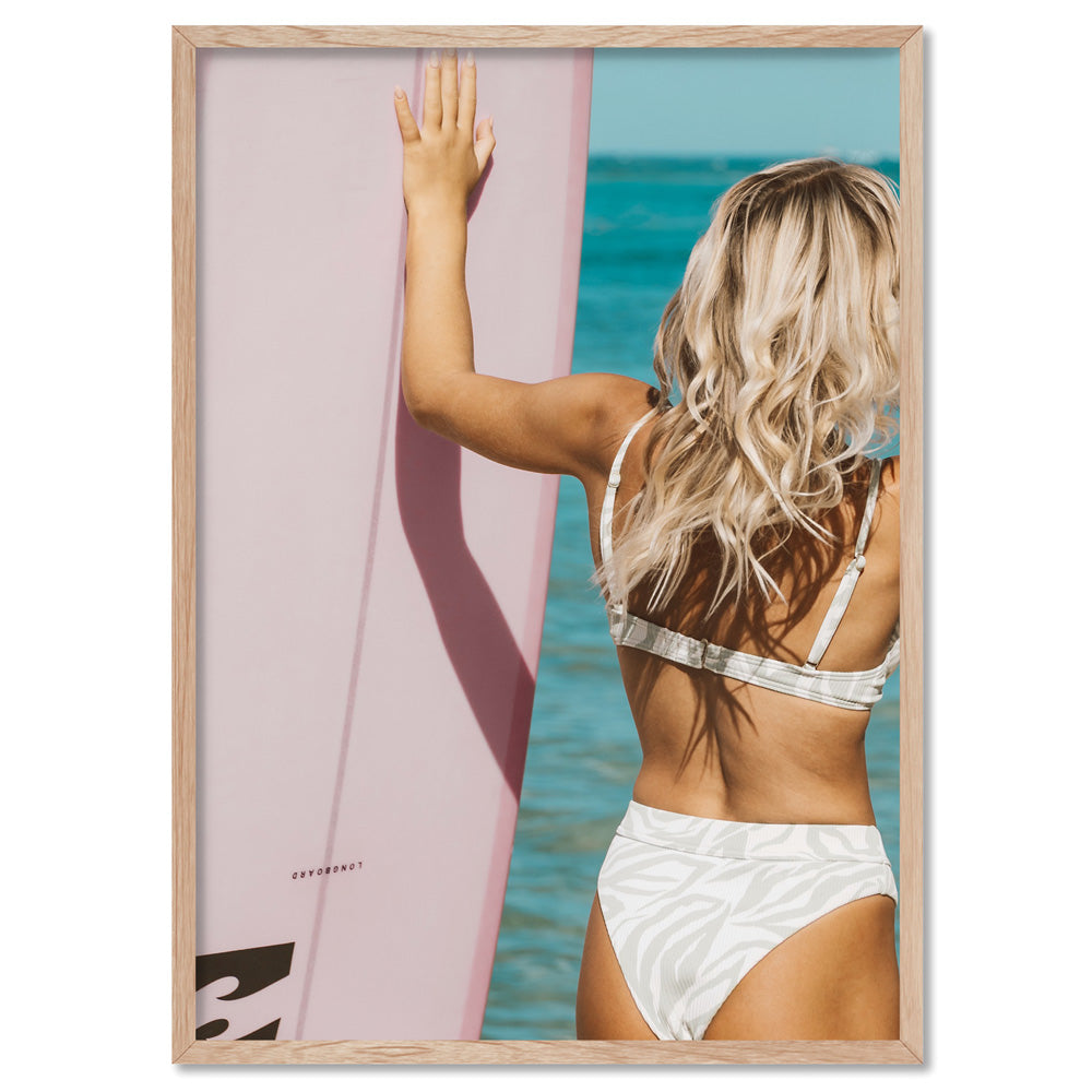 Surfer Girl Pose - Art Print, Poster, Stretched Canvas, or Framed Wall Art Print, shown in a natural timber frame