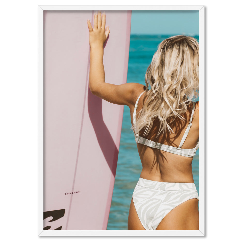 Surfer Girl Pose - Art Print, Poster, Stretched Canvas, or Framed Wall Art Print, shown in a white frame