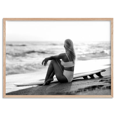 Seaside Surfer Landscape B&W - Art Print, Poster, Stretched Canvas, or Framed Wall Art Print, shown in a natural timber frame